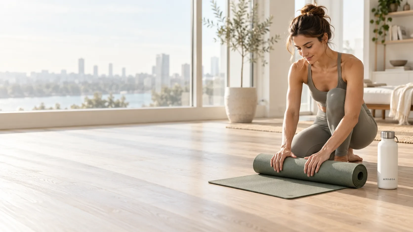 Woman rolling a sage-green training mat in a bright apartment
