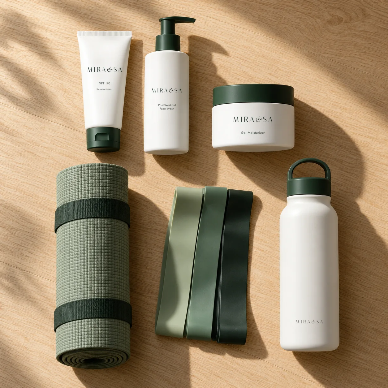 The full MIRA&SA set laid out on light oak: sunscreen, face wash, gel moisturizer, training mat, resistance bands and water bottle