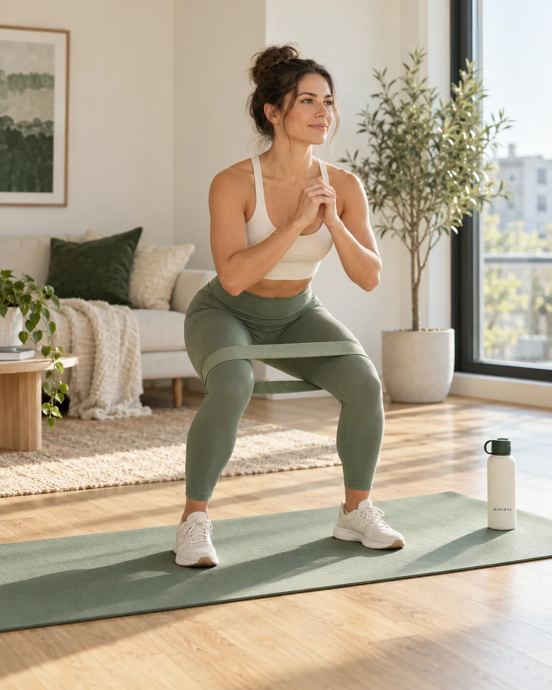 Woman doing banded squats on a sage training mat at home