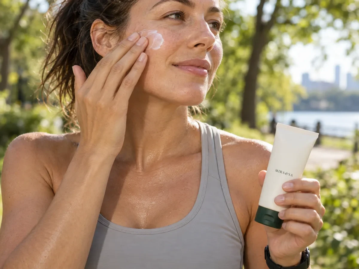 Woman applying sunscreen after an outdoor run